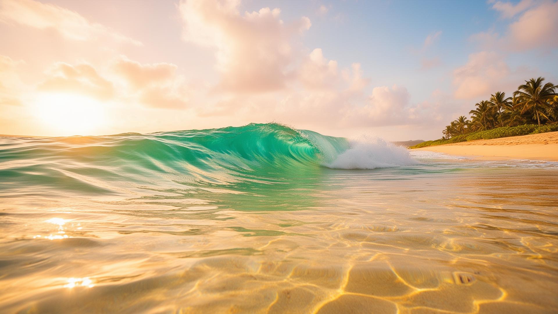Surfer at sunrise on a calm Mexican beach